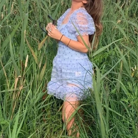 For Love and Lemons Harper Blue Sheer Polka Dot Dress